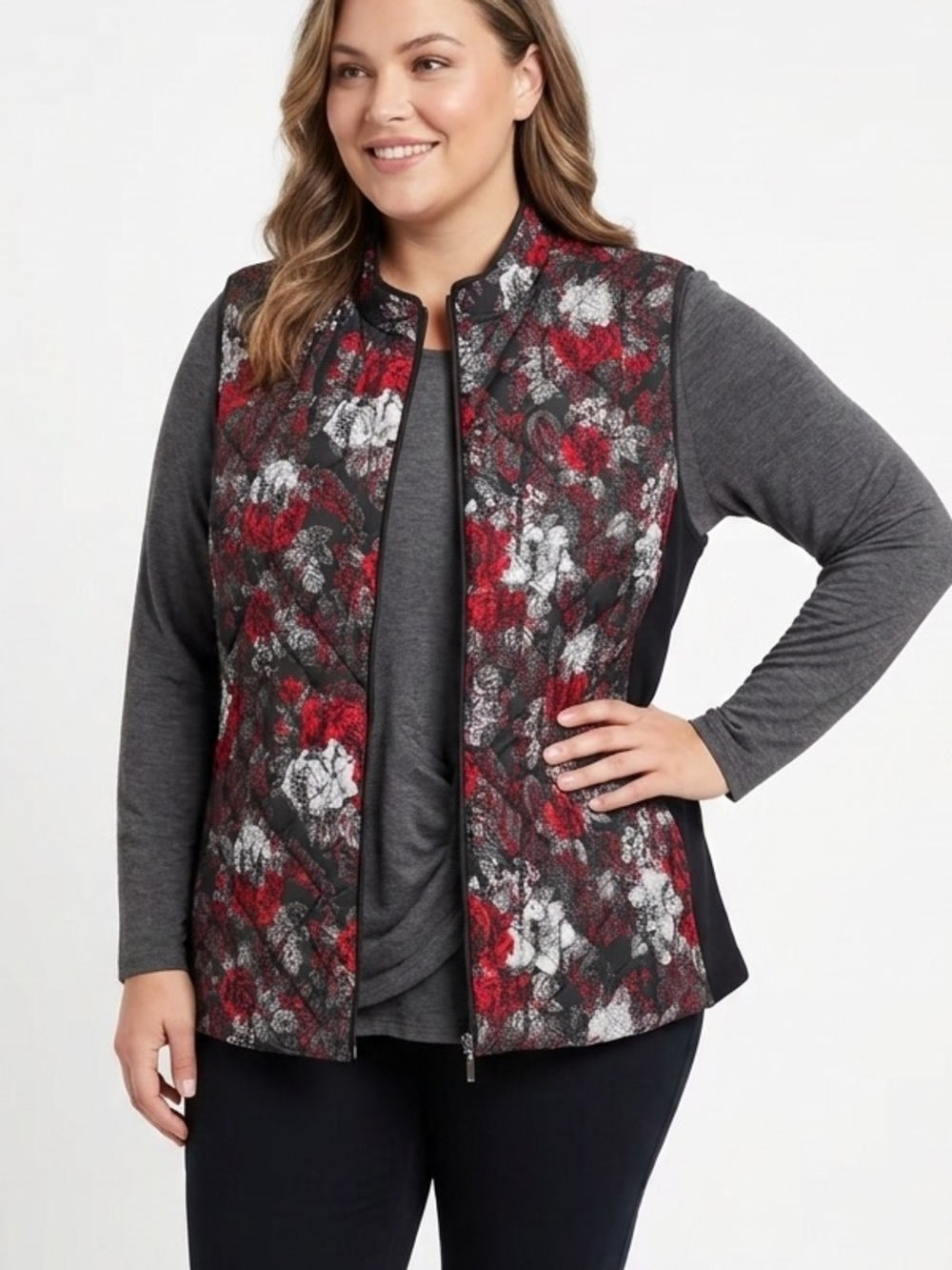 Northern Reflections Quilted Floral Print Vest in Red, Black, White XXL - 544